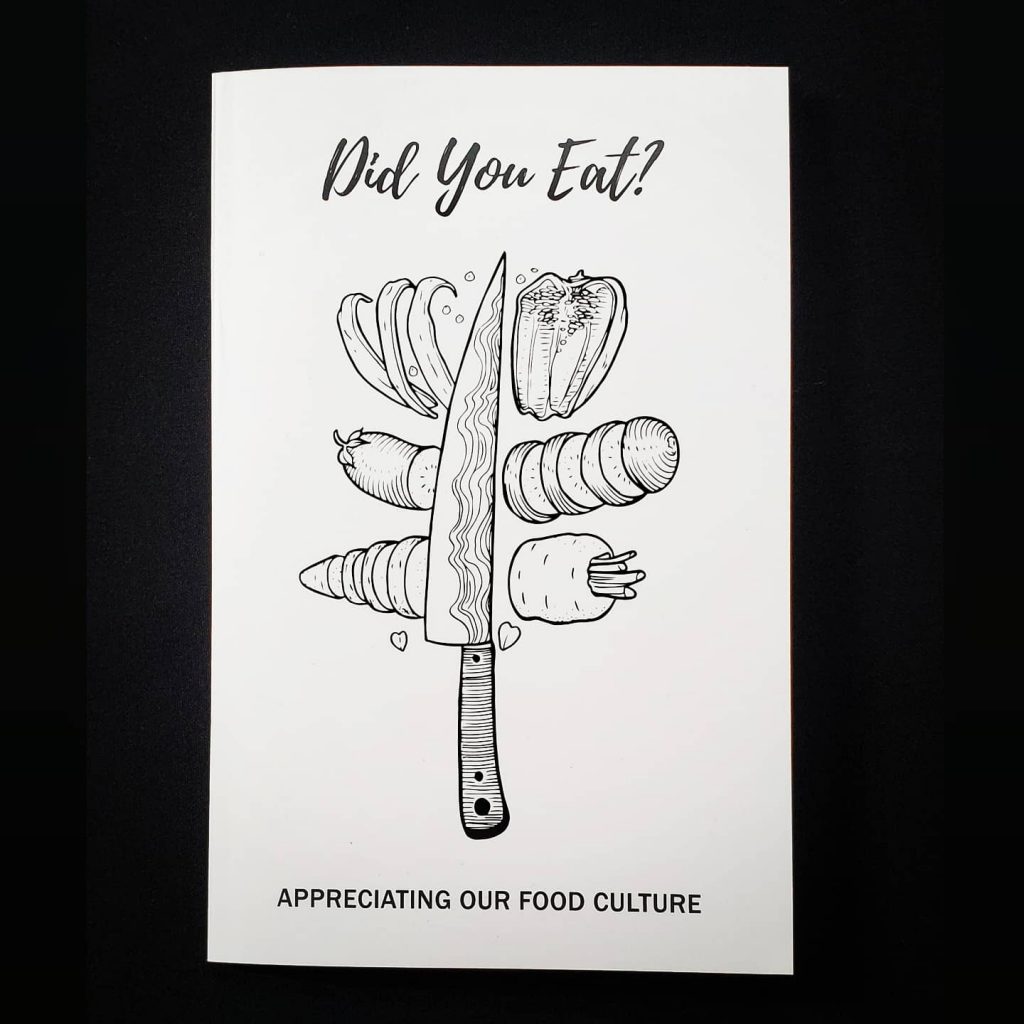 Cover of "Did You Eat?" black and white line drawing of a chef's knife surrounded by cut vegetables